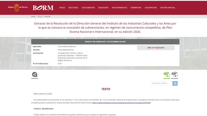 Imagen del anuncio de la convocatoria en el Bolet&iacute;n Oficial de la Regi&oacute;n de Murcia