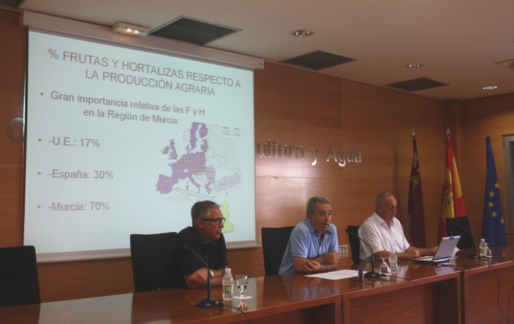 El consejero de Agricultura y Agua, Antonio Cerdá (c.), el secretario general de Agricultura, Francisco Moreno (i.) y el director general de Industria, Ángel García Lidón.