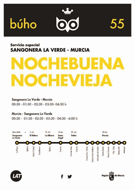 Líneas de autobús de servicio nocturno en Murcia en Nochebuena y Nochevieja
