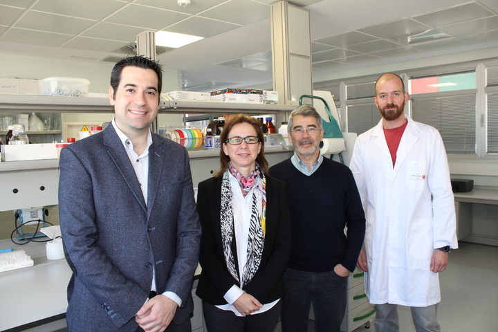 De izquierda a derecha: Francisdo Javier Rodríguez Lozano (IMIB), Juana Mulero, directora del IMIDA (Instituto Murciano de Investigación y Desarrollo Agrario y Alimentario), José Luís Cenis y Salvador Aznar, del grupo de Biotecnología del IMIDA