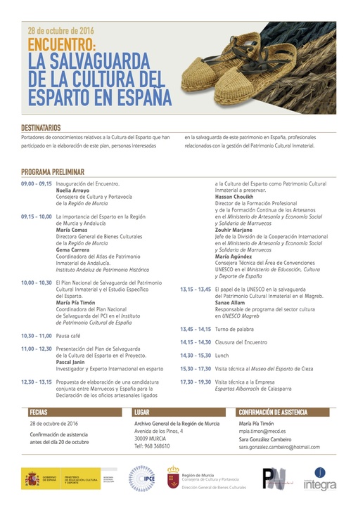 Programa del encuentro 'La salvaguarda de la cultura del esparto en España' que se celebrará el viernes en el Archivo General de la Región
