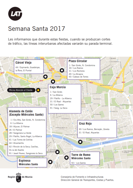 Servicios especiales de las líneas de autobuses interurbanos durante las fiestas de Semana Santa en Murcia