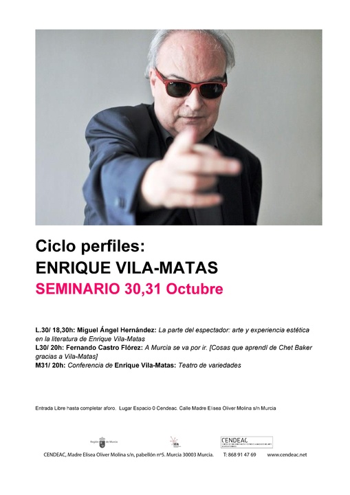 Enrique Vila-Matas abre el ciclo 'Perfiles' en el Cendeac, Centro de Documentación y Estudios Avanzados de Arte Contemporáneo de la Región
