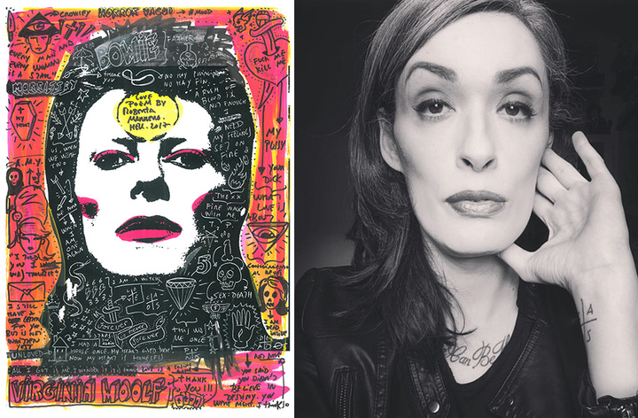 La artista plástica, cantante y actriz canaria Roberta Marrero, que mañana participa en la jornada organizada en la Biblioteca Regional,  y una de sus creaciones