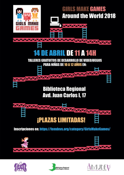 Cartel del taller de desarrollo de videojuegos para niñas organizado en la Biblioteca Regional