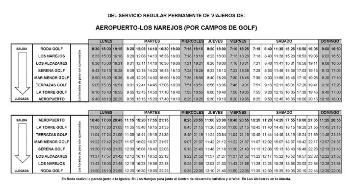 Horario aeropuerto campos de golf Los Narejos
