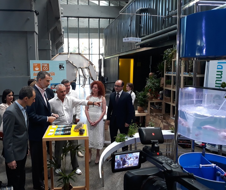 El rey Felipe VI visita el stand de una empresa murciana durante la jornada 'Imperdible 04' que organiza la Fundación Cotec