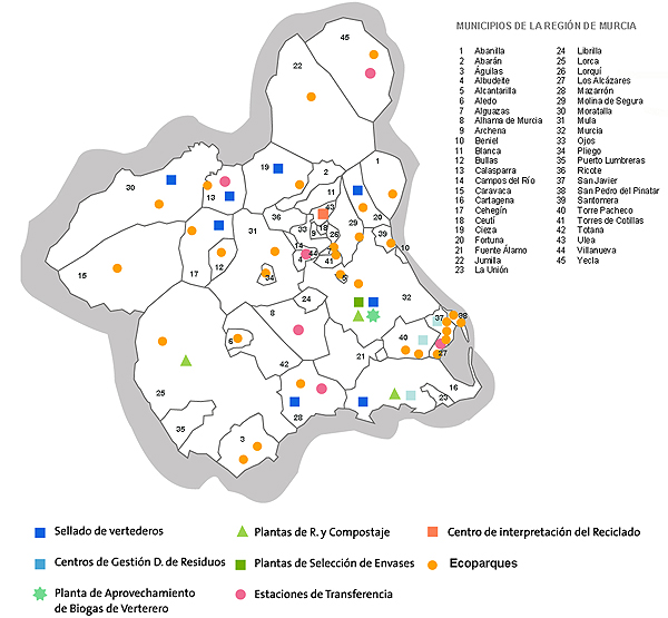 Mapa de las distintas infraestructuras públicas de gestión de resíduos urbanos de la Región de Murcia