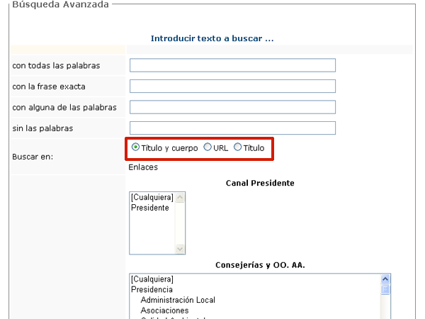 Uso del campo "Buscar en" en la búsqueda avanzada