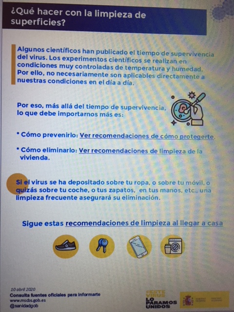 ¿Qué hacer con la limpieza de superficies? (Ministerio de Sanidad: 10/04/2020)