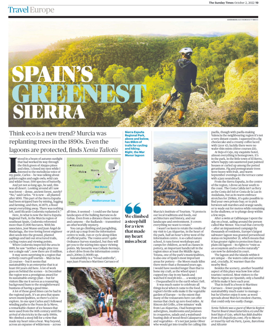 El reportaje publicado por The Sunday Times dedicado a la Región de Murcia y al Parque regional de Sierra Espuña puede alcanzar una difusión de más de 4,3 millones de usuarios