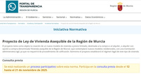 Imagen del Portal de la Transparencia con la publicación de la consulta que da inicio al trámite del proyecto de ley de Vivienda Asequible de la ...
