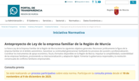 Imagen del Portal de la Transparencia con la publicación de la consulta que da inicio al trámite del proyecto de Ley de Empresa Familiar de la Región...
