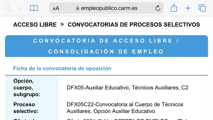 Imagen del apartado del portal del Empleado Público con la información de la oposición