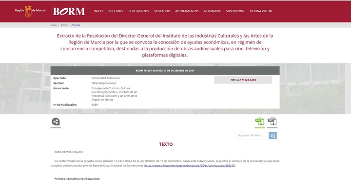 Imagen de la publicación en el BORM de la convocatoria de ayudas de Conexión Internacional ICA