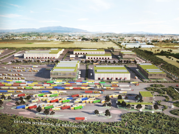 Recreación del aparcamiento de la Ciudad Agroalimentaria y del Transporte de la Región de Murcia.