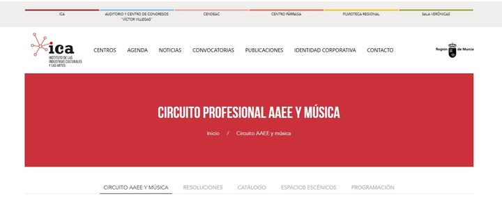 Imagen del apartado en la web del ICA del Circuito Profesional de Artes Escénicas y Música de la Región de Murcia