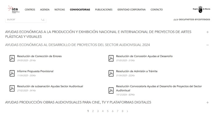 Imagen de la sección de 'Convocatorias' de la página web del Instituto de las Industrias Culturales y las Artes