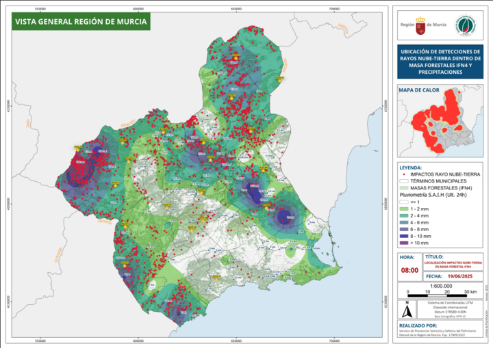 Mapa de los rayos y precipitaciones de ayer miércoles en la Región de Murcia.