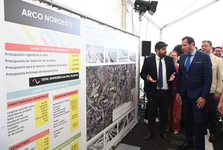 El presidente del Gobierno de la Región de Murcia, Fernando López Miras, y el ministro de Transportes y Movilidad Sostenible, Óscar Puente, durante la puesta en servicio de los tramos A y B del Arco Noroeste (2)