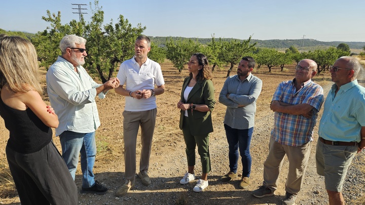 Imagen de la consejera Sara Rubira en una finca de almendros de Caravaca de la Cruz con cultivos de almendros afectados por la sequía.