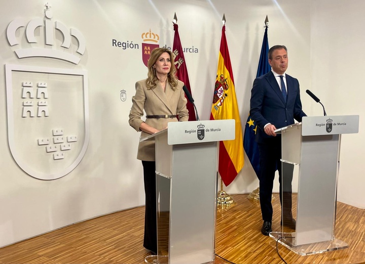 La consejera de Empresa, Empleo y Econom&iacute;a Social, Marisa L&oacute;pez Arag&oacute;n, junto con el Portavoz del Gobierno regional, Marcos Ortu&ntilde;o, durante la comparecencia.